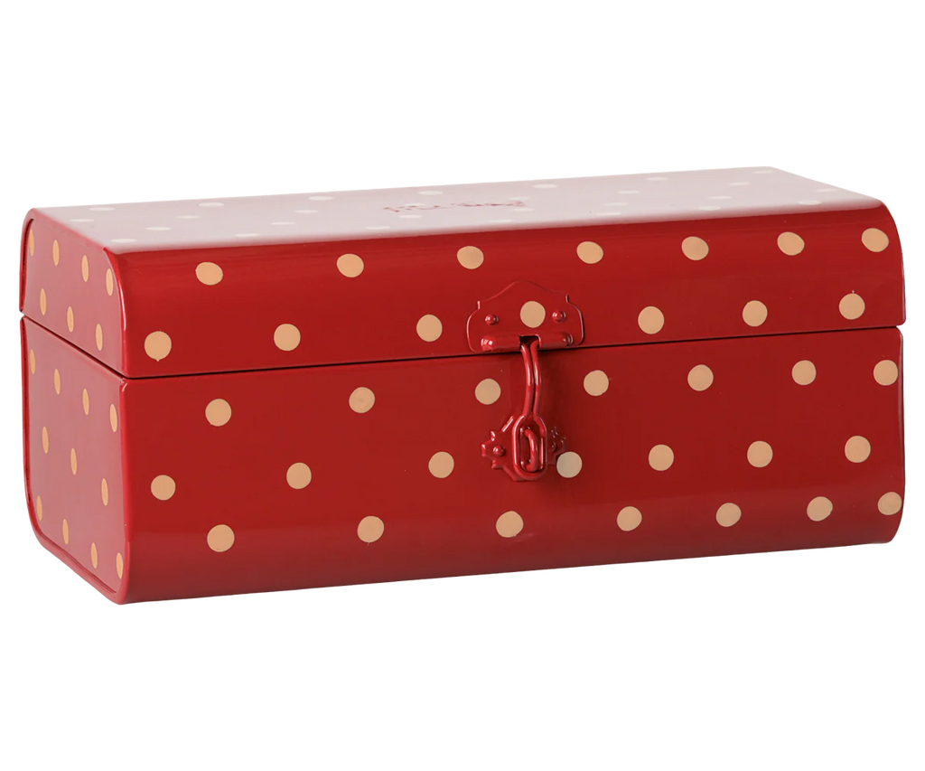 The PRE-ORDER: Maileg Storage Suitcase, Small - Red with Tray (Estimated Arrival Early November) features a rectangular red design with rounded edges, cream polka dots, and a front latch.