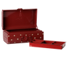 PRE-ORDER: Maileg Storage Suitcase, Small - Dark Red with Tray (arriving early November). This suitcase has a white polka dot pattern, suitcase-style latch, and features a removable compartment tray inside. Lid is propped open for display.