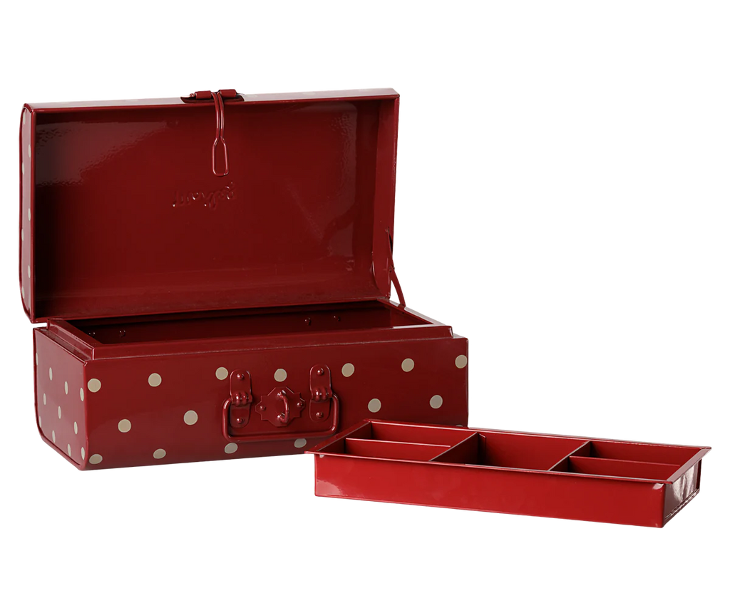 PRE-ORDER: Maileg Storage Suitcase, Small - Dark Red with Tray (arriving early November). This suitcase has a white polka dot pattern, suitcase-style latch, and features a removable compartment tray inside. Lid is propped open for display.