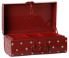 PRE-ORDER: Maileg Storage Suitcase, Small - Dark Red with Tray. Features an open hinged lid, multiple compartments for organizing small items. Part of the Maileg interior collection. Estimated arrival: Early November.