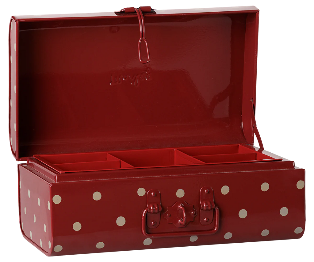 PRE-ORDER: Maileg Storage Suitcase, Small - Dark Red with Tray. Features an open hinged lid, multiple compartments for organizing small items. Part of the Maileg interior collection. Estimated arrival: Early November.