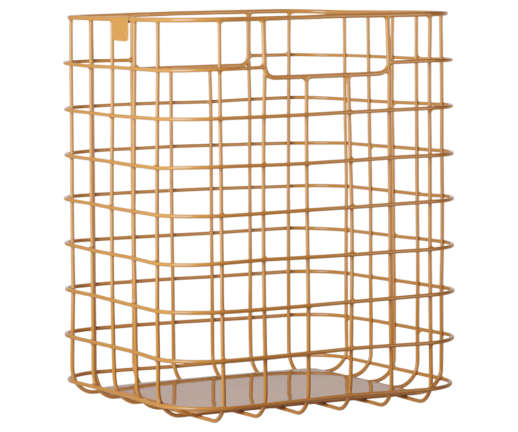 The PRE-ORDER: Maileg Metal Basket Set, 4 pcs (Estimated Arrival Early November) features rectangular, gold-finished wire baskets with grid patterns—ideal for Maileg storage or as decorative organizers.