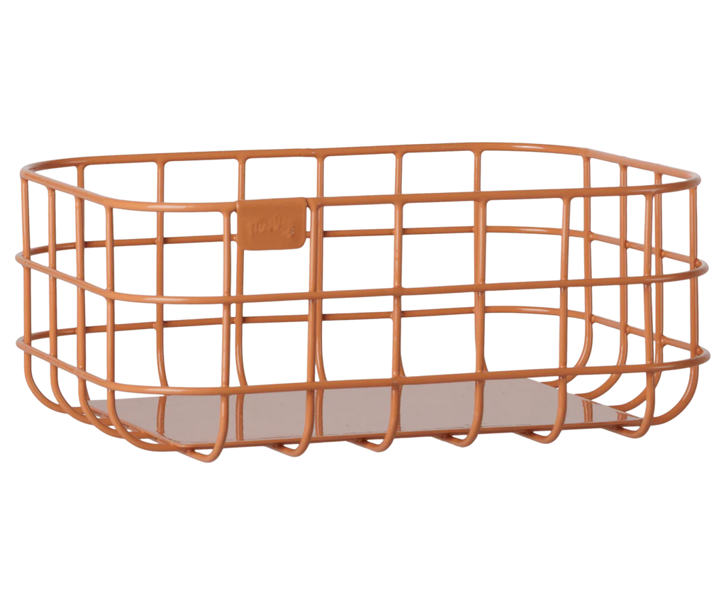 The PRE-ORDER: Maileg Metal Basket Set, 4 pcs (arriving early November), features rectangular, open-top metal baskets with a warm light brown finish and solid bases—ideal for decorative storage in any room.