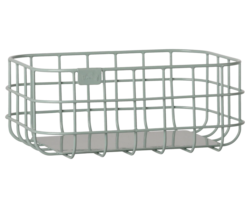 The PRE-ORDER: Maileg Metal Basket Set, 4 pcs (Estimated Arrival Early November), features rectangular light green metal wire baskets with open grid designs and solid bases, ideal for decorative or Maileg storage on a plain white background.