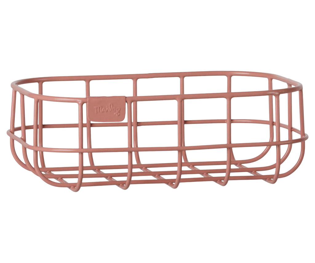 The PRE-ORDER: Maileg Metal Basket Set, 4 pcs (Estimated Arrival Early November), features pink rectangular open wire baskets with rounded edges, grid design, and label plate—adding charm as stylish decorative storage.