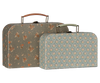 The PRE-ORDER: Maileg Suitcase Set - Michette (arriving early October) includes two vintage-style suitcases with handles: one in brown floral and one in blue and beige geometric, perfect for stylish storage.