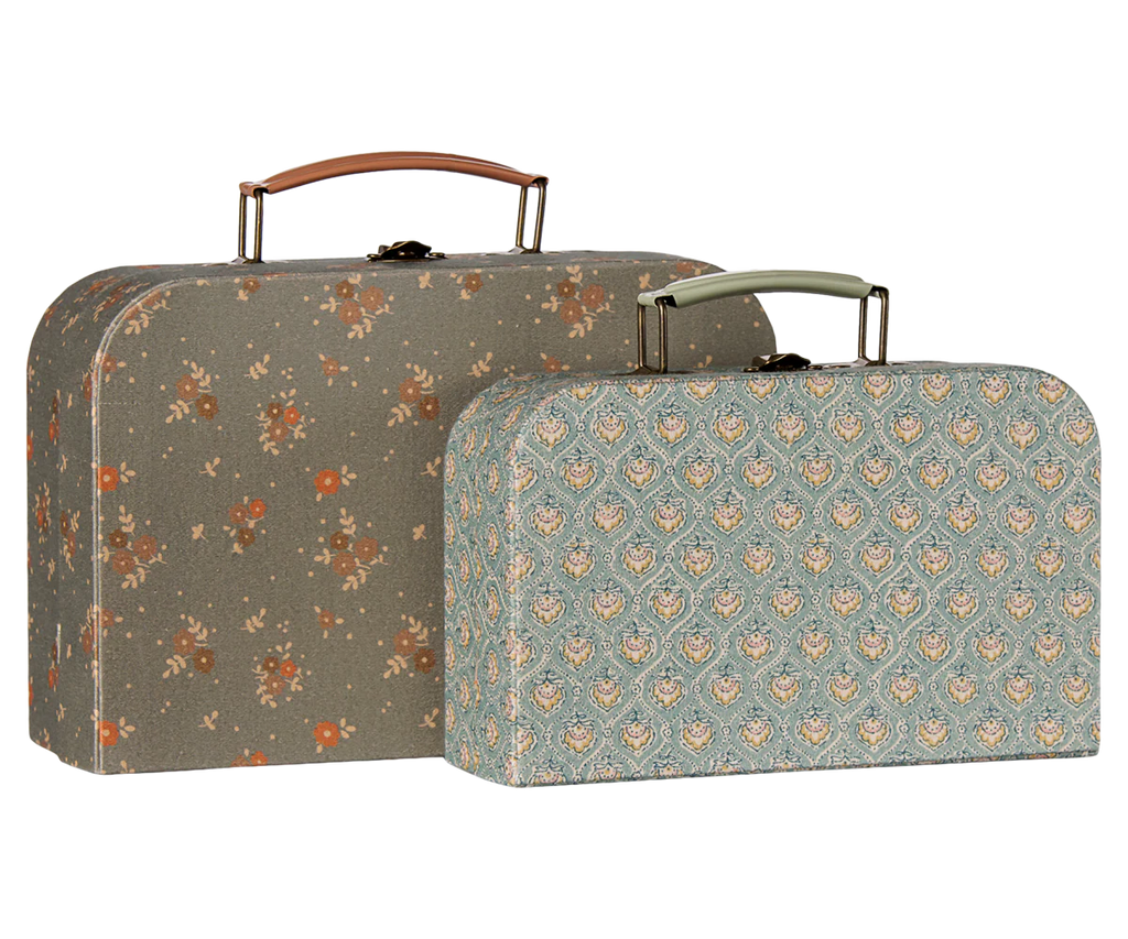 The PRE-ORDER: Maileg Suitcase Set - Michette (arriving early October) includes two vintage-style suitcases with handles: one in brown floral and one in blue and beige geometric, perfect for stylish storage.