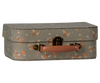 PRE-ORDER the Maileg Suitcase Set - Michette, featuring a gray background with orange and white flowers, brown clasp, and light brown handle. Charming vintage-style storage—estimated arrival early October.