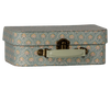 The PRE-ORDER: Maileg Suitcase Set - Michette (Estimated Arrival Early October) includes a rectangular vintage suitcase with a blue and gold pattern, brass latch, and light green handle, ideal for stylish storage against a white background.