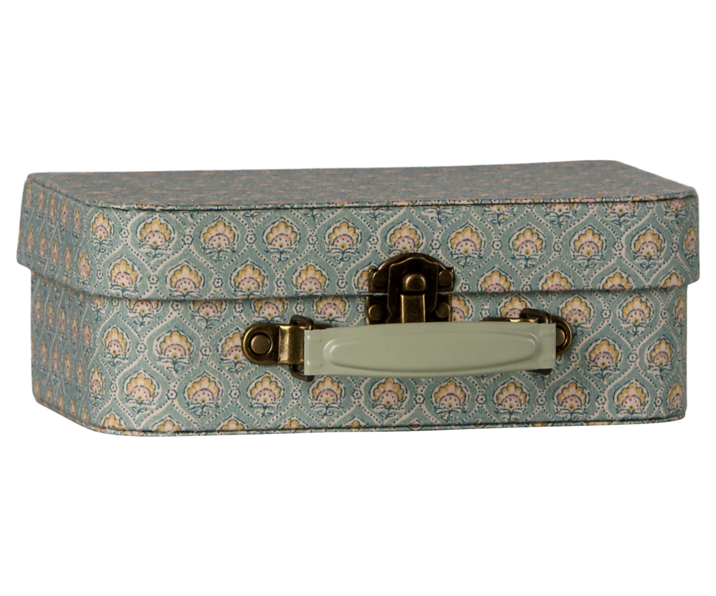 The PRE-ORDER: Maileg Suitcase Set - Michette (Estimated Arrival Early October) includes a rectangular vintage suitcase with a blue and gold pattern, brass latch, and light green handle, ideal for stylish storage against a white background.
