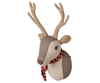 The PRE-ORDER: Maileg Trophy Deer - Light Nature features beige antlers, a brown and white face, and a red plaid scarf. Mounted on white with a fabric loop for easy hanging. Estimated arrival mid November.