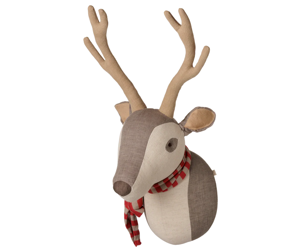 The PRE-ORDER: Maileg Trophy Deer - Light Nature features beige antlers, a brown and white face, and a red plaid scarf. Mounted on white with a fabric loop for easy hanging. Estimated arrival mid November.