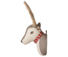 Side view of the PRE-ORDER: Maileg Trophy Deer - Light Nature, featuring a long horn, gray and white fabric, red and white checkered collar, and fabric hanging loop. Estimated arrival: mid November.