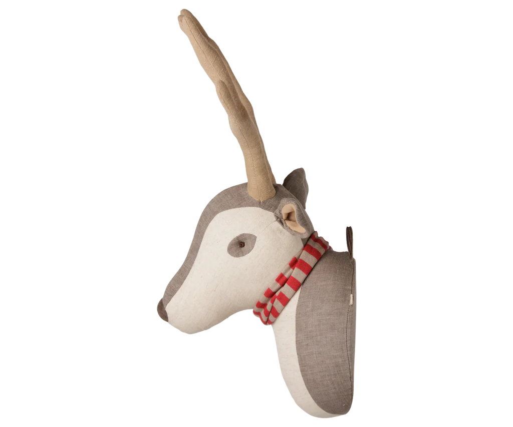 Side view of the PRE-ORDER: Maileg Trophy Deer - Light Nature, featuring a long horn, gray and white fabric, red and white checkered collar, and fabric hanging loop. Estimated arrival: mid November.