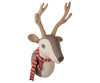 The PRE-ORDER: Maileg Trophy Deer - Light Nature is a cozy wall décor featuring beige and brown tones, plush antlers and ears, a red and white striped scarf, and a fabric loop for easy hanging. Estimated arrival mid-November.