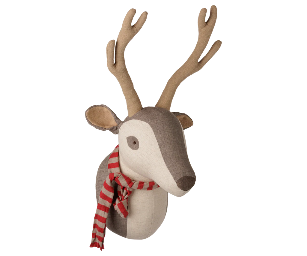 The PRE-ORDER: Maileg Trophy Deer - Light Nature is a cozy wall décor featuring beige and brown tones, plush antlers and ears, a red and white striped scarf, and a fabric loop for easy hanging. Estimated arrival mid-November.