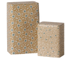 The PRE-ORDER: Maileg Metal Box Set - Flowers - Ocher/Blue (Estimated Arrival Early October) includes two rectangular tins with matching floral prints, one tall and one short, both with fitted lids and rounded edges.