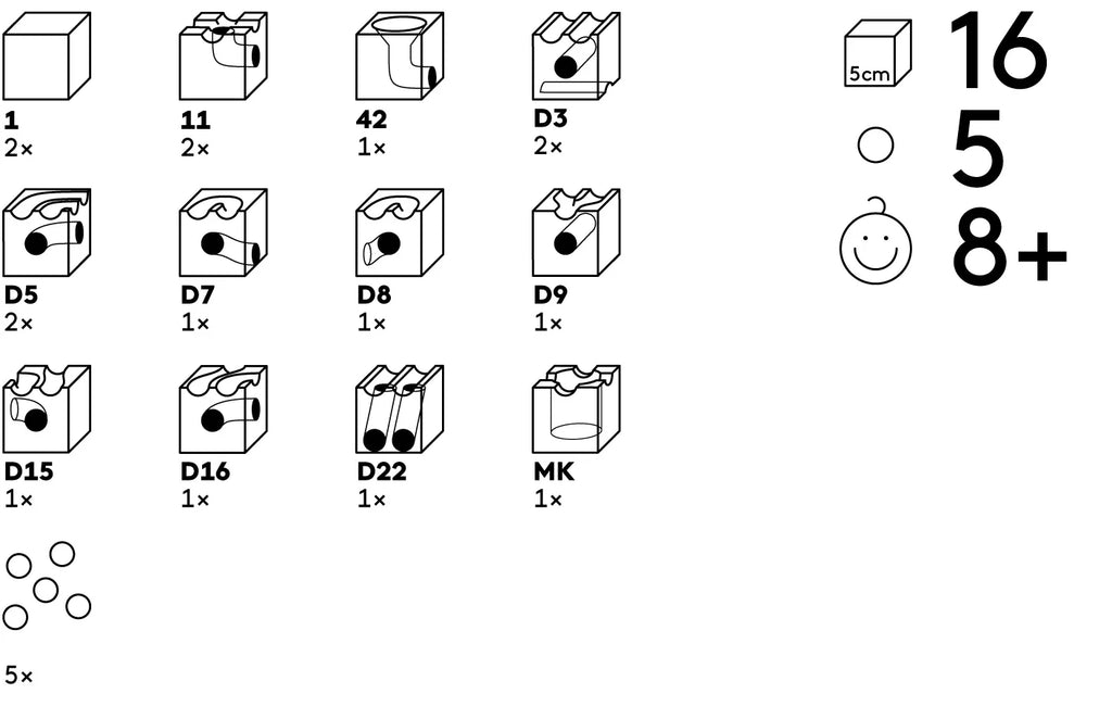 Illustrated components for assembling a toy marble run system, with labeled parts: 1, 11, 42, D3, D5, D7, D8, D9, D15, D16, D22, MK and five round pieces. Crafted from Swiss beech wood. Instructions show a 5 cm cube for ages 8+, featuring the Cuboro DUO Marble Run Extra Set