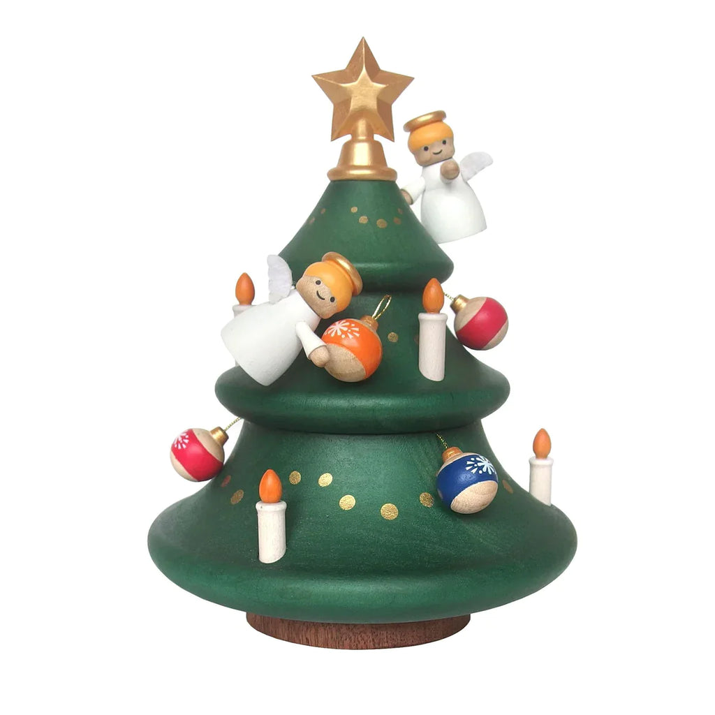 A Angels Decorating Christmas Tree Music Box ornament adorned with two angel figurines, candles, and colorful baubles, featuring a star on top, isolated against a white background.