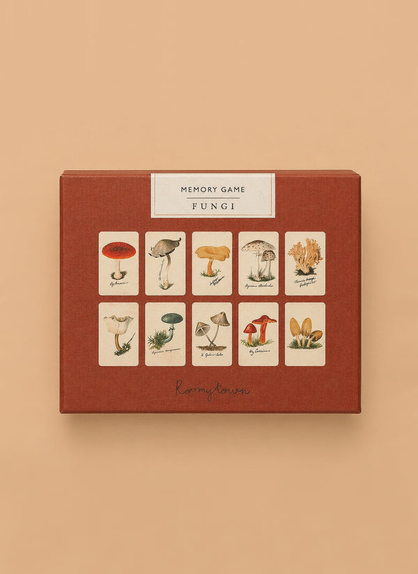 A red box labeled "Memory Game - Fungi" displays twelve vintage-style cards with illustrated mushrooms and fungi on a beige background.