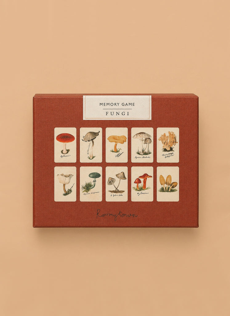 A red box labeled "Memory Game - Fungi" displays twelve vintage-style cards with illustrated mushrooms and fungi on a beige background.