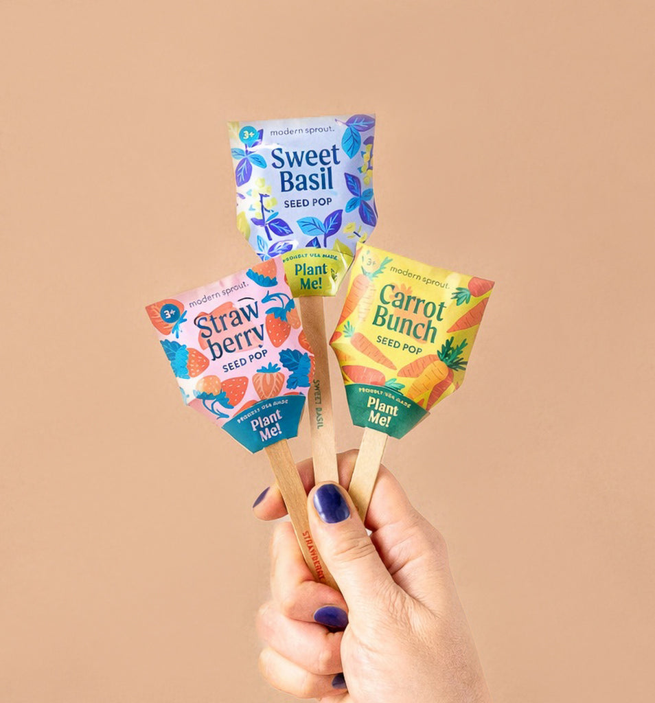 A hand with purple nail polish holds three Garden Seed Pop (Single) sticks—Sweet Basil, Strawberry, and Carrot Bunch—against a beige background.