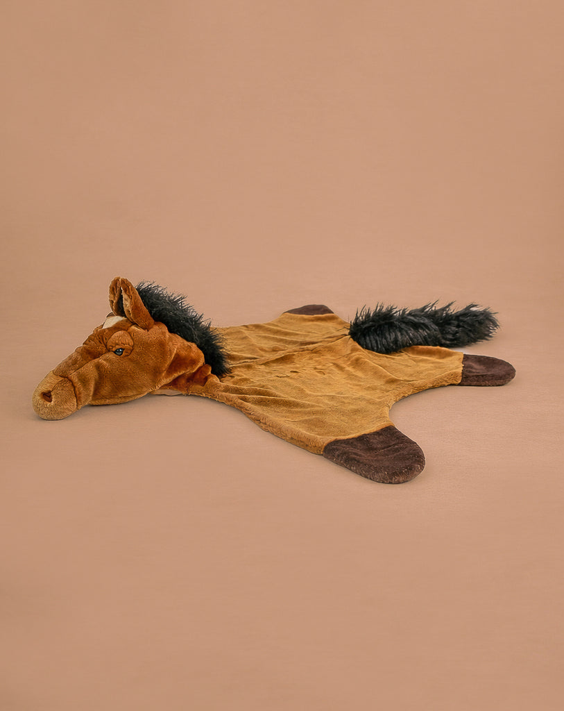 The Costume - Brown Horse is a brown, flat horse-shaped plush toy featuring a black mane and tail, brown ears, and dark brown hooves, perfect for imaginative play.
