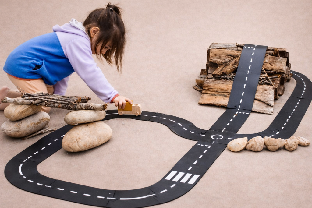 A young girl engages in creative play, guiding a toy car along the WaytoPlay Large Flexible Toy Road Set - Highway (24-Piece), using rocks and bark as imaginative obstacles and structures.