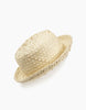 A beige, woven Minikane | Doll Straw Hat with a slightly curved brim and a textured pattern. Designed in France, the hat is positioned at a slight angle against a white background.