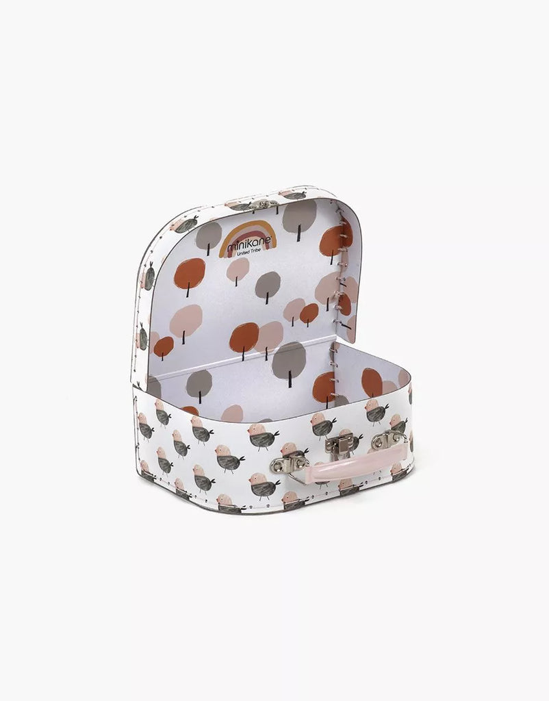 The Minikane 11" Doll Clothing | Jeannot Jumpsuit & Diaper in Suitcase Set includes a small, hedgehog-print suitcase with matching interior and secure metal clasp—ideal for keeping doll outfits tidy and stylish.