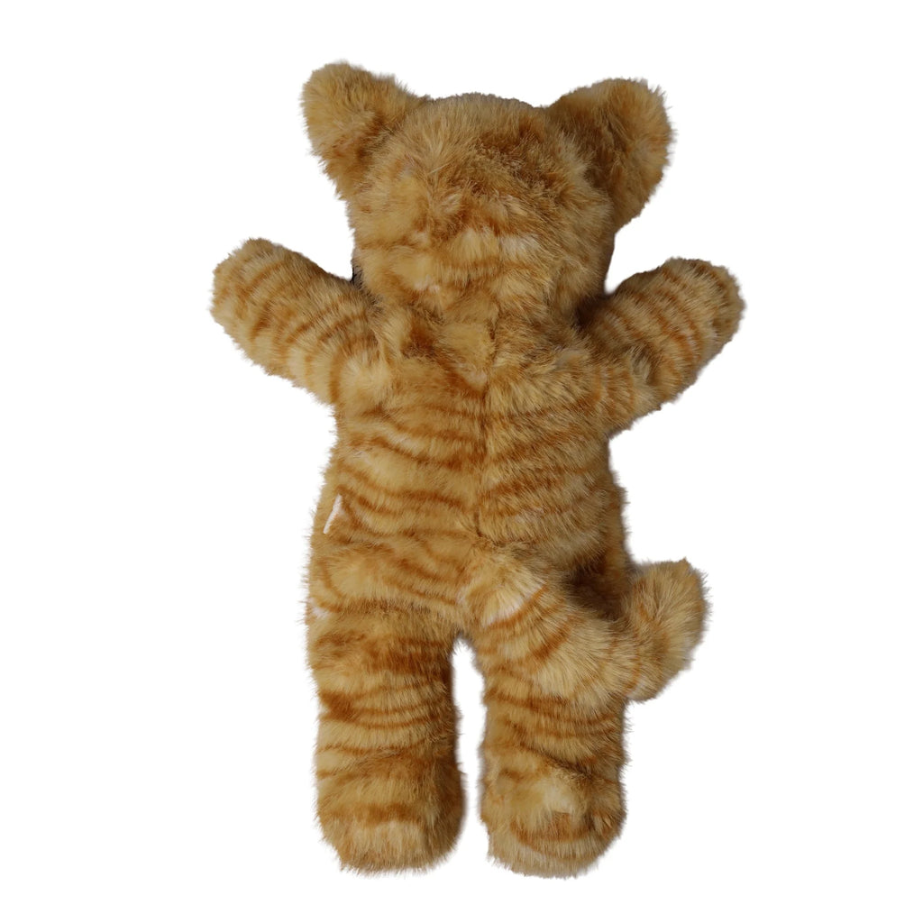 Back view of an Olli Ella Cozy Dinkum Doll - Tabby Cat Jinx plush toy with orange tabby stripes, outstretched arms, and a small tail.