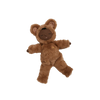 The Olli Ella Cozy Dinkum - Teddy Mini is a plush doll with brown skin, dressed in a fuzzy bear costume with hood and ears. It lies on a white background and has a peaceful, smiling expression with closed eyes.