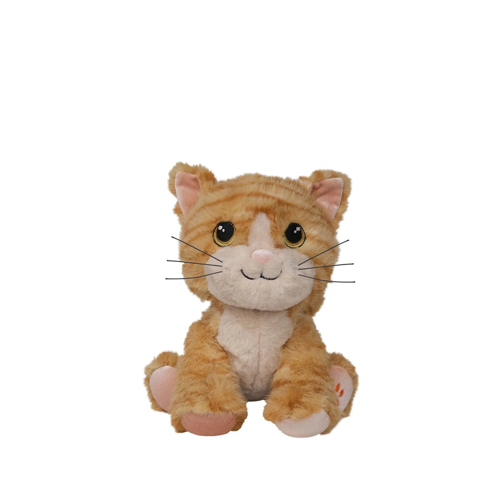 Meet the Olli Ella Dinkum Cat Binx - Ginger: a plush toy of a smiling orange tabby cat with big round eyes, pink nose, and white belly, sitting upright against a plain white background.