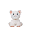 The Olli Ella Dinkum Cat Lux - White is a plush toy with large blue eyes, a pink nose, smiling face, posable kitty limbs, light pink inner ears and paw pads, black whiskers, and a small collar around its neck.