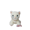 The Olli Ella Dinkum Cat Lux - White, a posable plush kitty with blue eyes and a pink nose, sits gazing at a small pink magnetic fish accessory against a plain white background.
