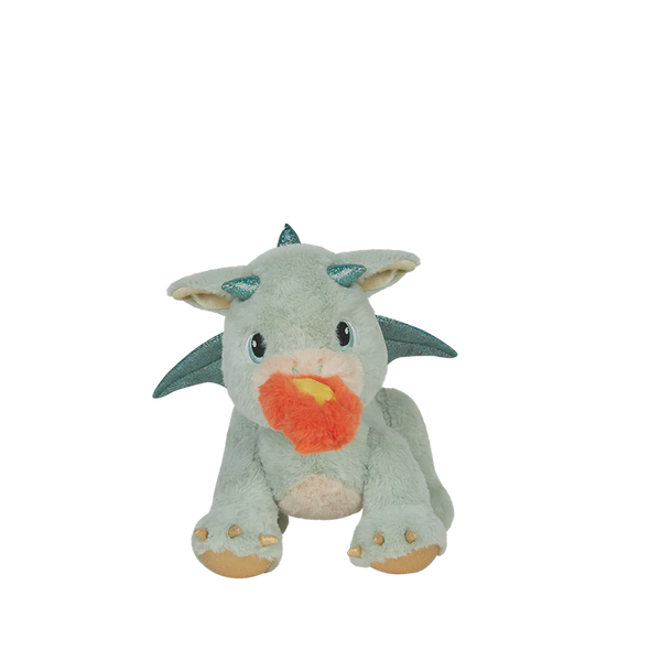 Meet the adorable Olli Ella Dinkum Dragon - Blaze - Green: a cute plush dragon with green fur, teal horns and wings, big eyes, and an orange-yellow magnetic flame in its mouth—perfect for cuddles!.