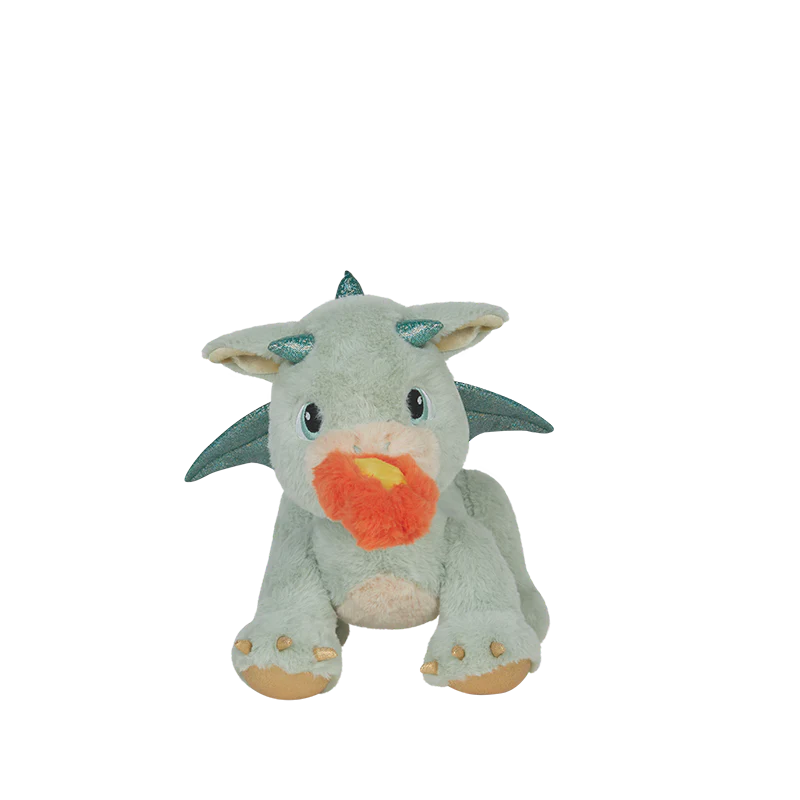 Meet the adorable Olli Ella Dinkum Dragon - Blaze - Green: a cute plush dragon with green fur, teal horns and wings, big eyes, and an orange-yellow magnetic flame in its mouth—perfect for cuddles!.
