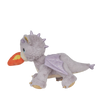 The Olli Ella Dinkum Dragon - Flare - Lavender is a posable gray plush dragon with purple wings and spikes, yellow feet, and an orange-red flame from its mouth, shown in side profile on a plain white background.