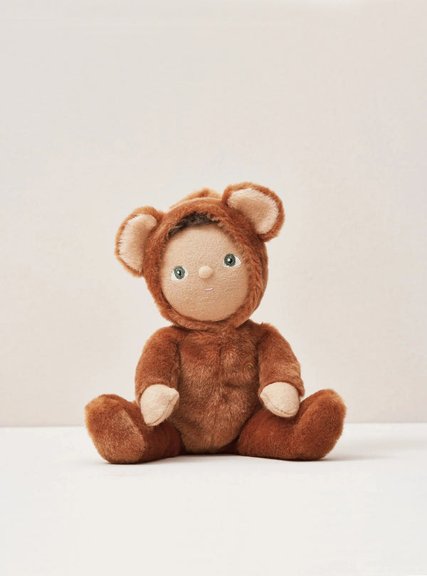 A plush toy bear with brown fur and beige inner ears and paws, featuring button eyes and a stitched nose, from the Olli Ella | Dinky Dinkums Forest Friends - Bobby Bear series, sitting upright against a plain light background.