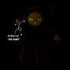 An Olli Ella Dinky Dinkum Doll - Wesley Werewolf with dark fur, glowing green eyes, and fangs, featuring a dashed arrow pointing to its paw with text that reads “GLOWS IN THE DARK!”.