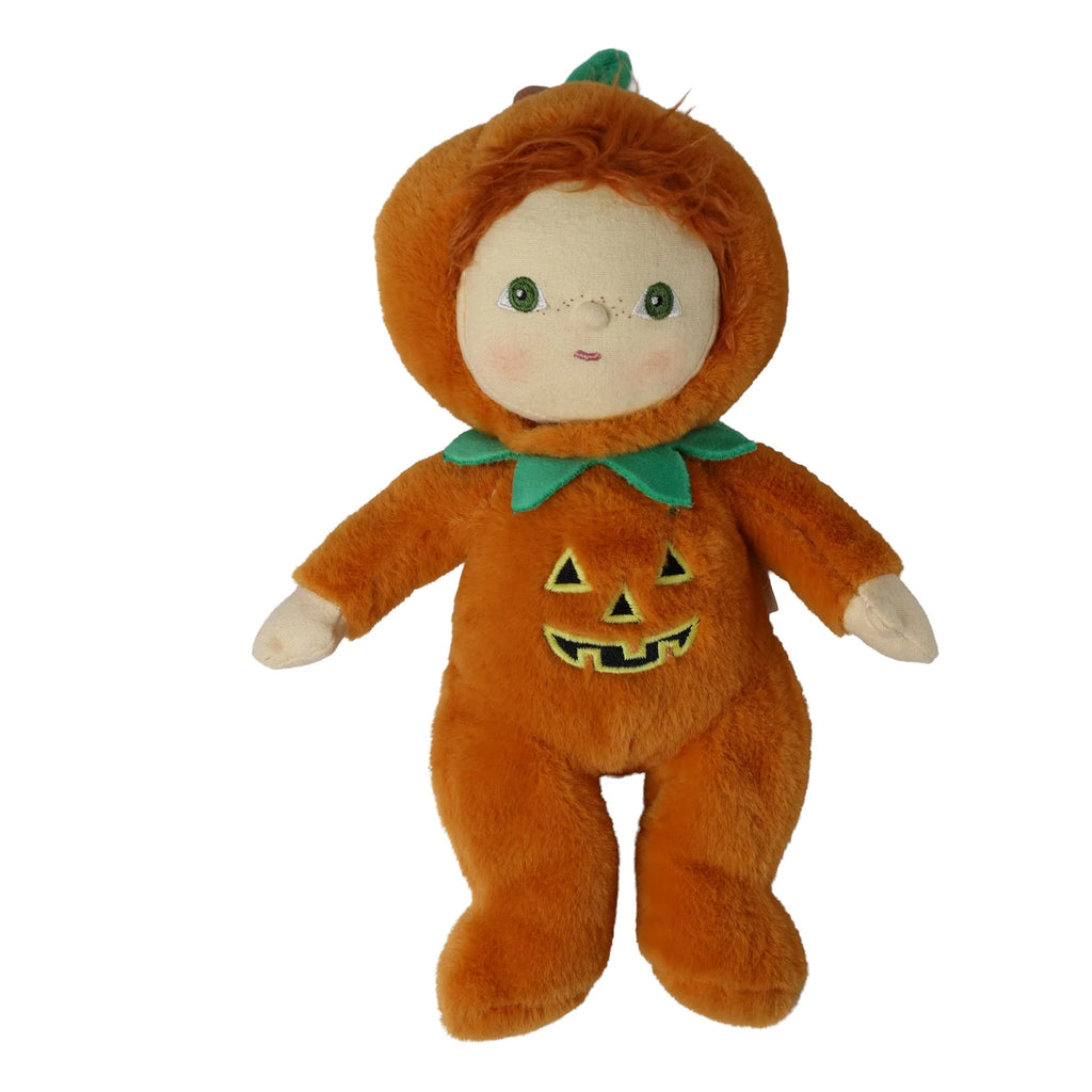 Olli Ella Dinky Dinkum Doll - Jules Jack-O’-Lantern wearing an orange pumpkin costume with a jack-o’-lantern face embroidered on the chest.