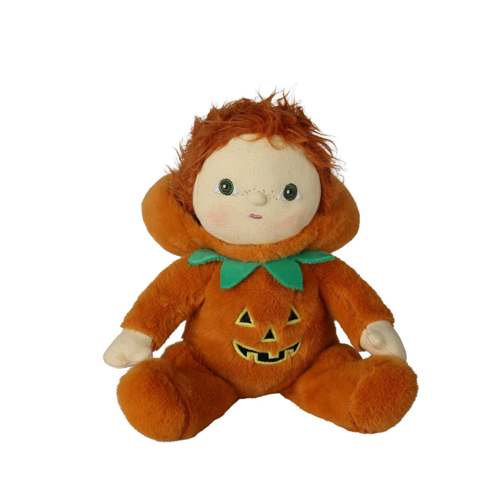 Olli Ella Dinky Dinkum Doll - Jules Jack-O’-Lantern is a plush doll with red hair and a pale face, dressed in an orange pumpkin costume featuring a jack-o’-lantern face on the belly.