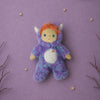 Olli Ella Dinky Dinkum Doll - Miles Monster plush with glow-in-the-dark blue and purple fur, an orange-haired hood, and a small rainbow embroidered on its white belly.