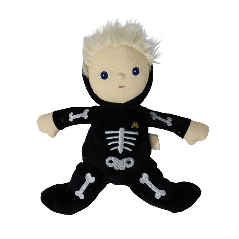 An Olli Ella Dinky Dinkum Doll - Scully Skeleton featuring blonde hair and a black costume with white bone details.