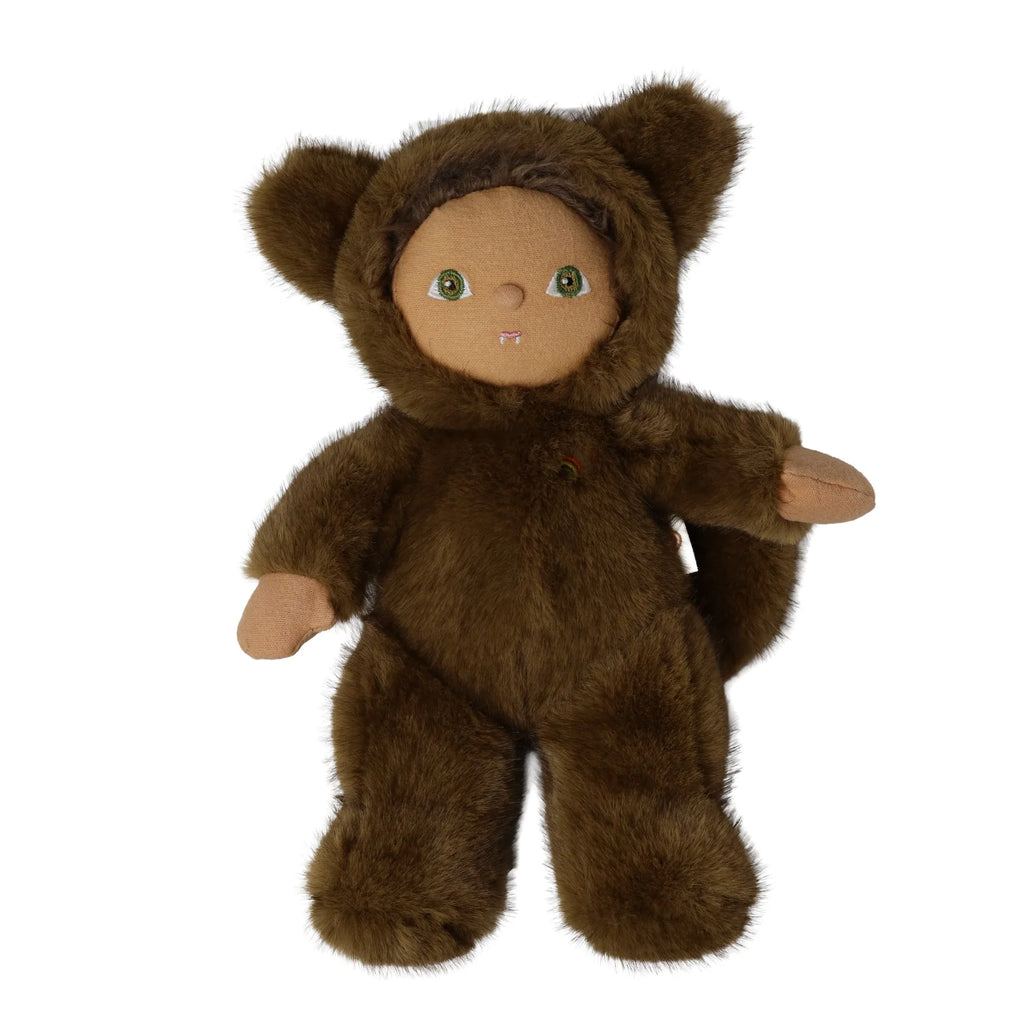 Olli Ella Dinky Dinkum Doll - Wesley Werewolf wearing a brown furry werewolf costume with ears and two small fangs visible on its mouth.