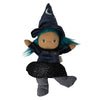 Olli Ella Dinky Dinkum Doll - Winnie Witch dressed in a dark blue hat with a crescent moon, a matching dress with a rainbow emblem, and black and white striped leggings.
