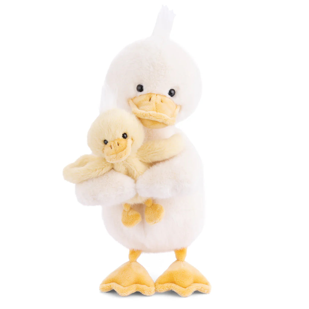 Bukowski - Dougie & Mama Duck features a plush white mama duck with yellow beak and feet holding a smaller light yellow duck. Both have ultra-soft textures and friendly faces, standing together for a cuddly duo.