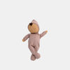 Olli Ella Dozy Dinkum - Pip is a soft cotton doll with brown skin, closed eyes, and short brown hair in a mauve hooded onesie, lying with arms and legs gently crossed—a perfect baby’s first toy.