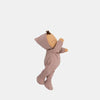 Olli Ella Dozy Dinkum - Pip: a soft cotton doll in a mauve hooded onesie with closed eyes and brown felt hair, standing upright against a white background—an ideal first toy for babies.