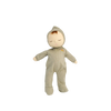 Olli Ella Dozy Dinkum - Pickle: a soft cotton doll in a light green hooded onesie with a rainbow patch, eyes closed, on a white background—perfect as a baby’s first toy.
